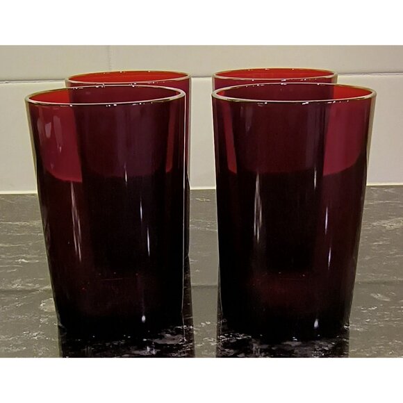 Set Of 4 Vintage Straight-Sided Ruby Red Drinking Glasses Tumblers - Picture 2 of 2